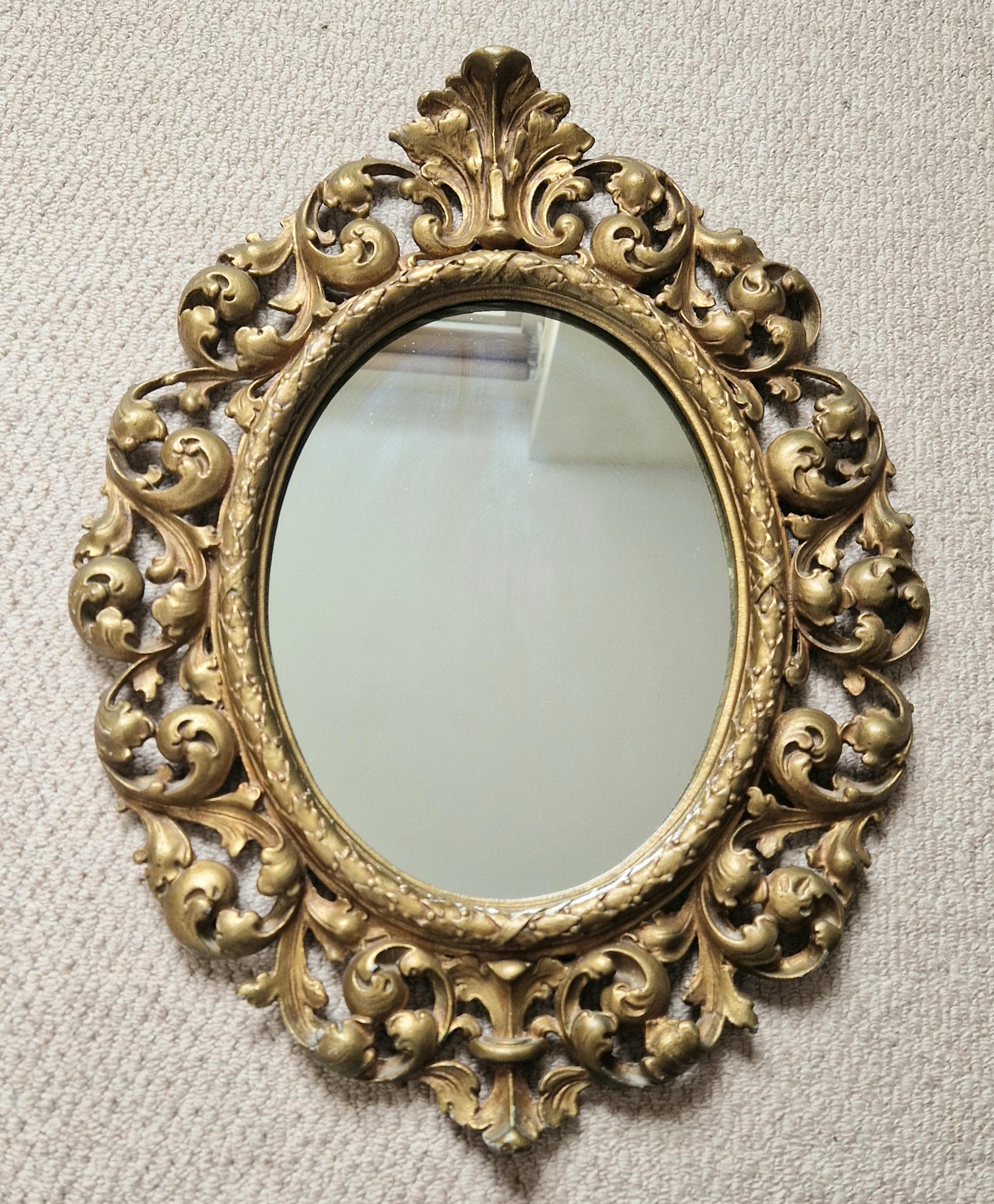 Vintage Heavy Gilt Cast Metal Ornate Rococo Oval Wall Mirror 47.5cm