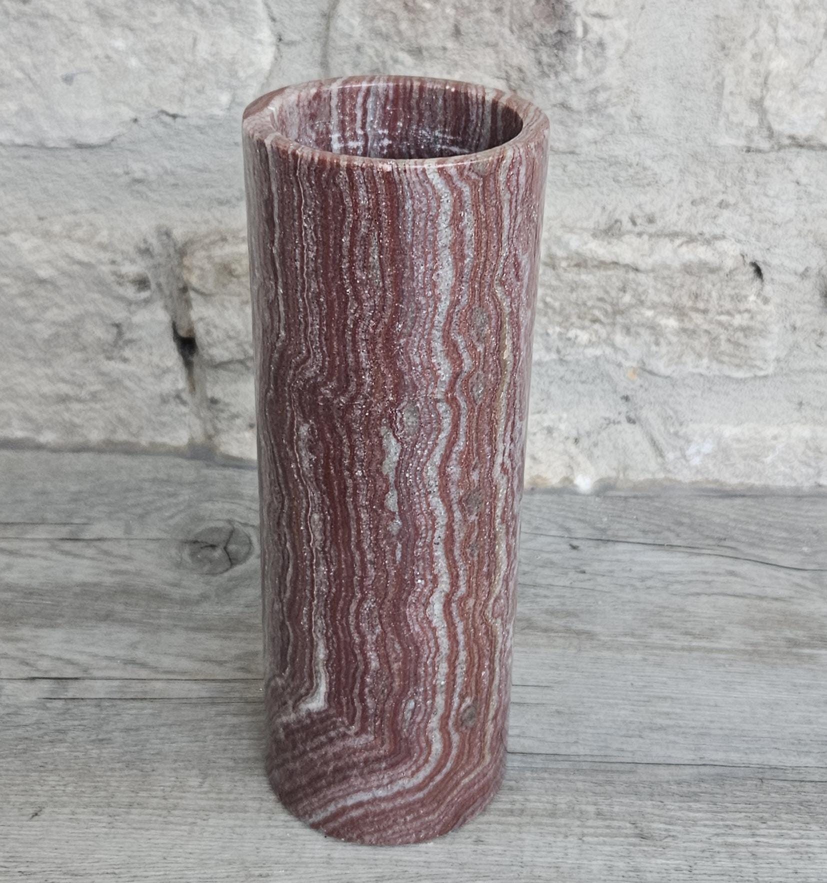Vintage Red Onyx Marble Vase Cylinder Shape 19.5cm Tall