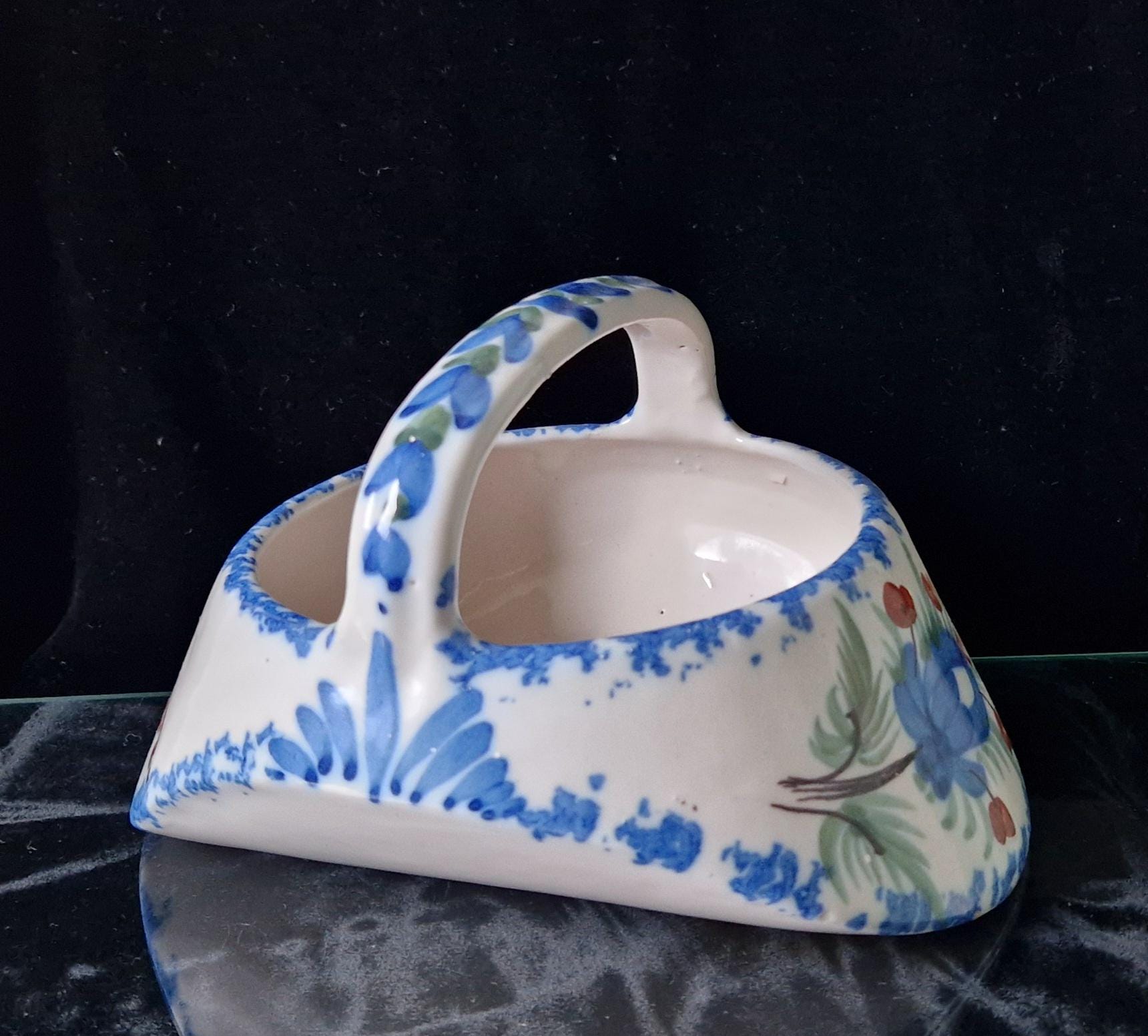 Antique Quimper Faience Floral Basket Vase Ornament - 18cm Decorative Basket France