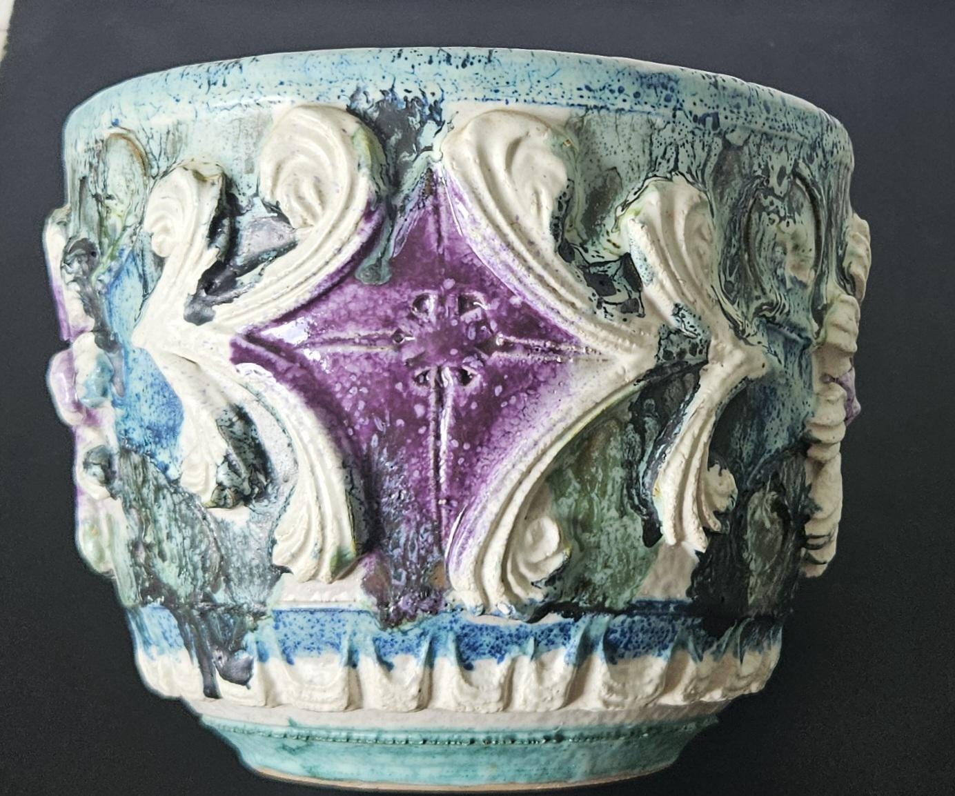 Vintage Large Textured Italian Planter Plant Pot Purple Greens White 14cm Tall X 17cm Diameter