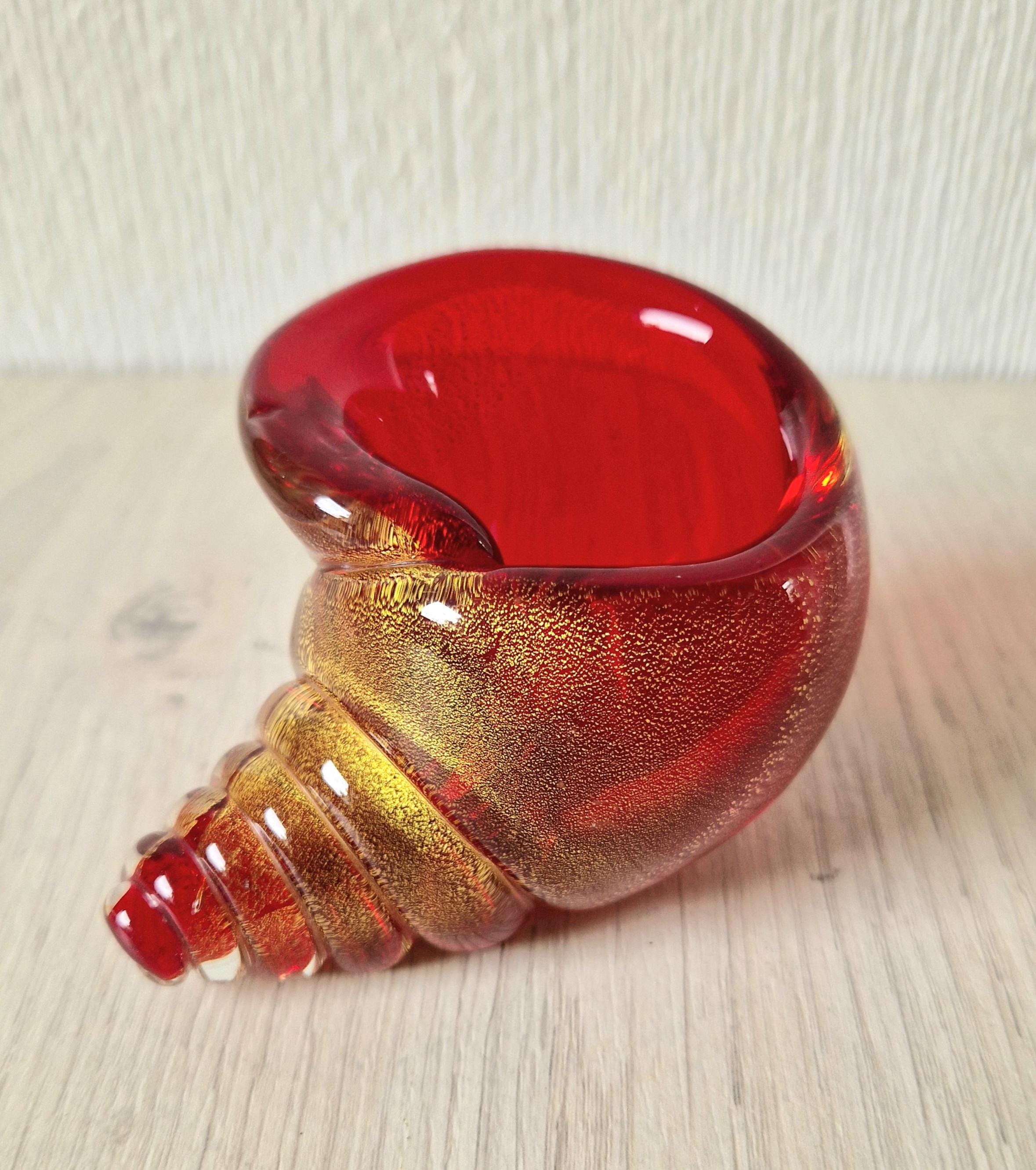 Vintage Archimede Seguso Red & Gold Flake Murano Art Glass Conch Shell Ornament 1950's