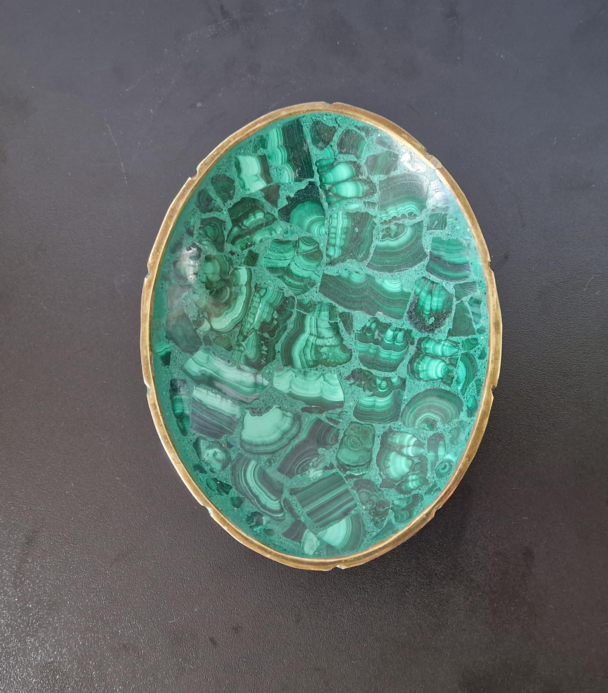 Fine Midcentury Malachite & Brass Oval Vide Poche Catch-All Decorative Bowl
