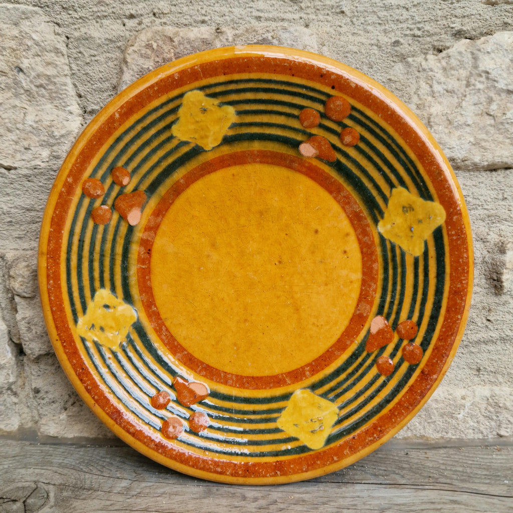 Vintage French Rustic BIOT Ceramic Concentric Circles Motif Yellow Glaze Dessert Plate
