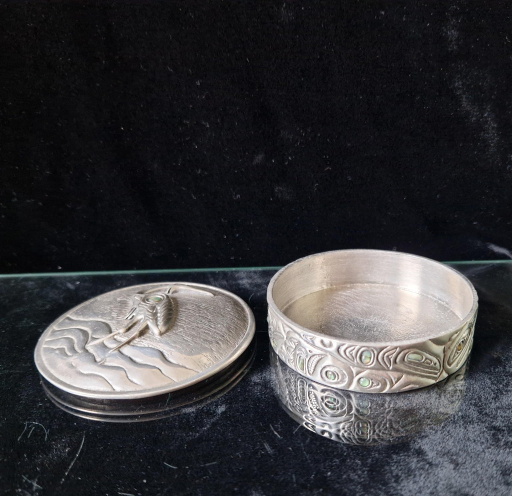 Vintage Mid Century Pewter & Glass Bead Heron Relief Trinket Box