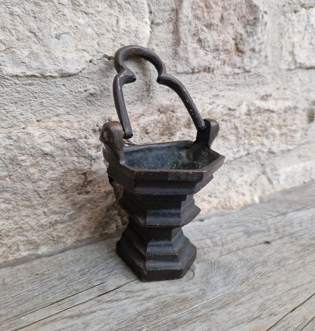 Antique Flemish Bronze Tri-Foil Handled Gothic Holy Water Pail c17th Century
