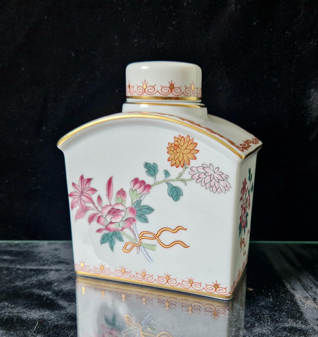 Vintage Vista Alegre Ceramic Tea Caddy Lidded Jar Floral Pattern With Gold Detail