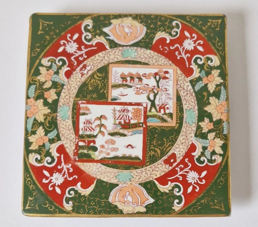 Antique Ashworth Bros. Masons Ironstone Trivet Double Landscape Pattern Square Imari Rare 19th Century