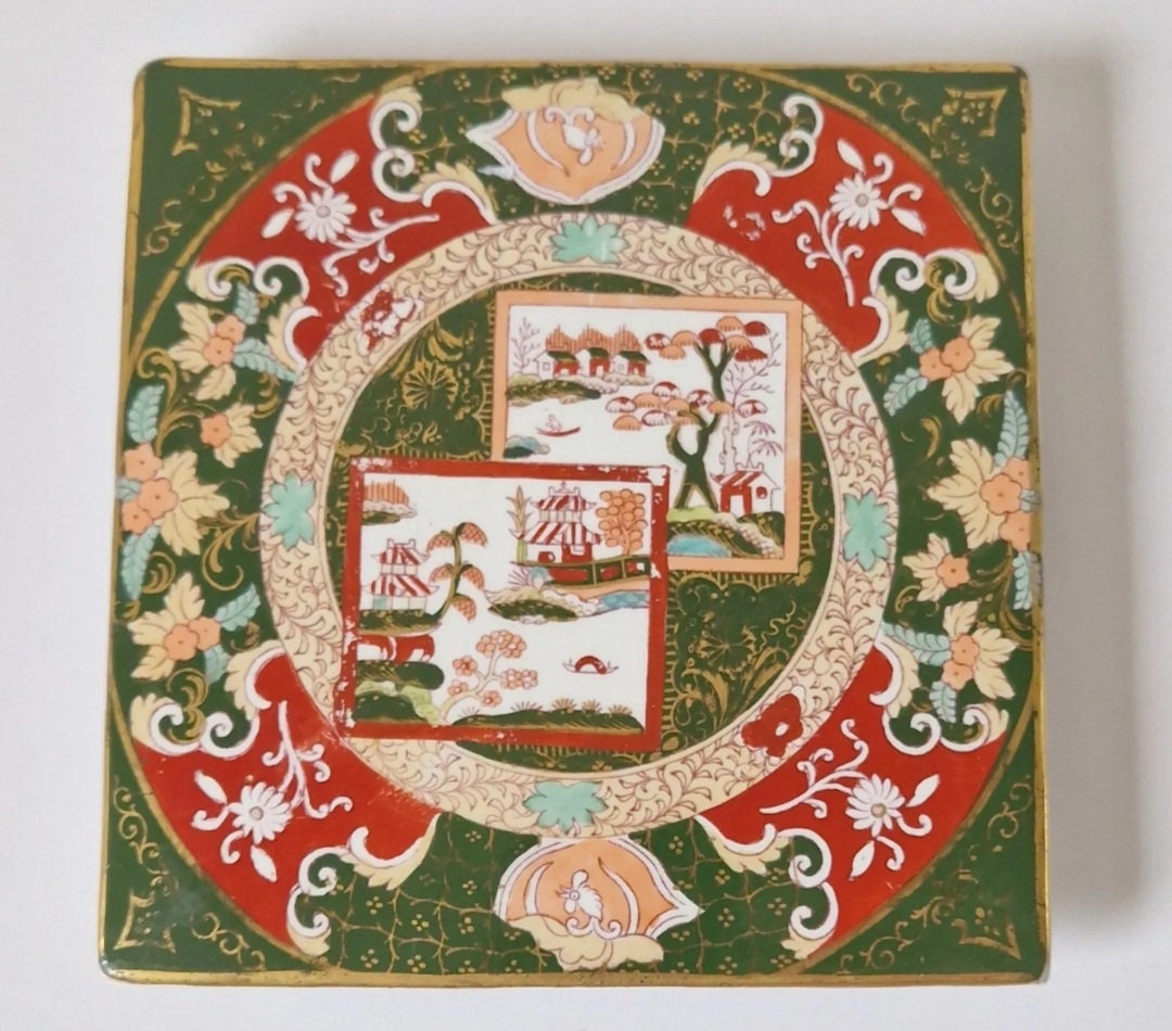 Antique Ashworth Bros. Masons Ironstone Trivet Double Landscape Pattern Square Imari Rare 19th Century