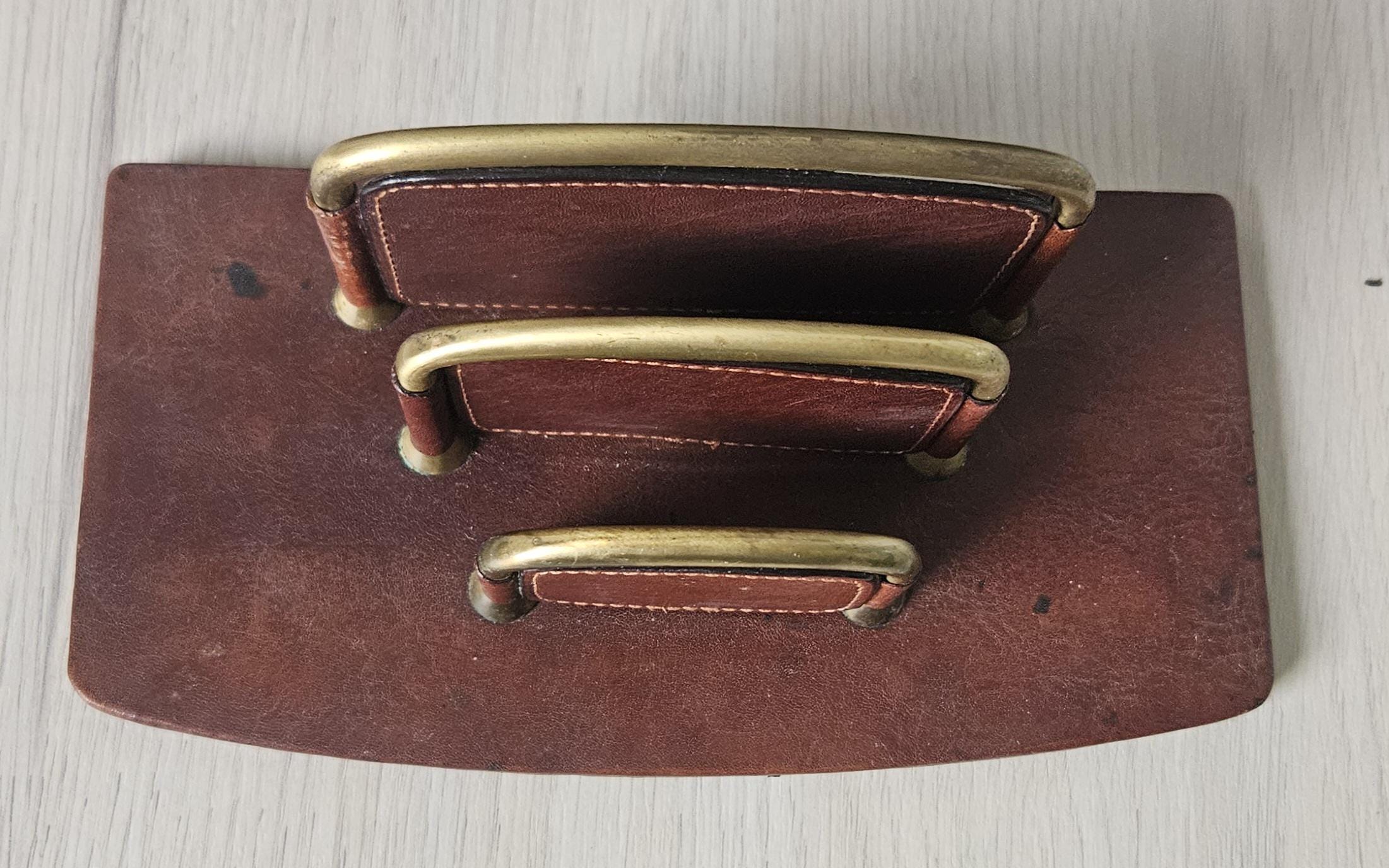 Vintage TONY PEROTTI Italian Leather Letter Rack Chestnut Brown Leather *Some Marks