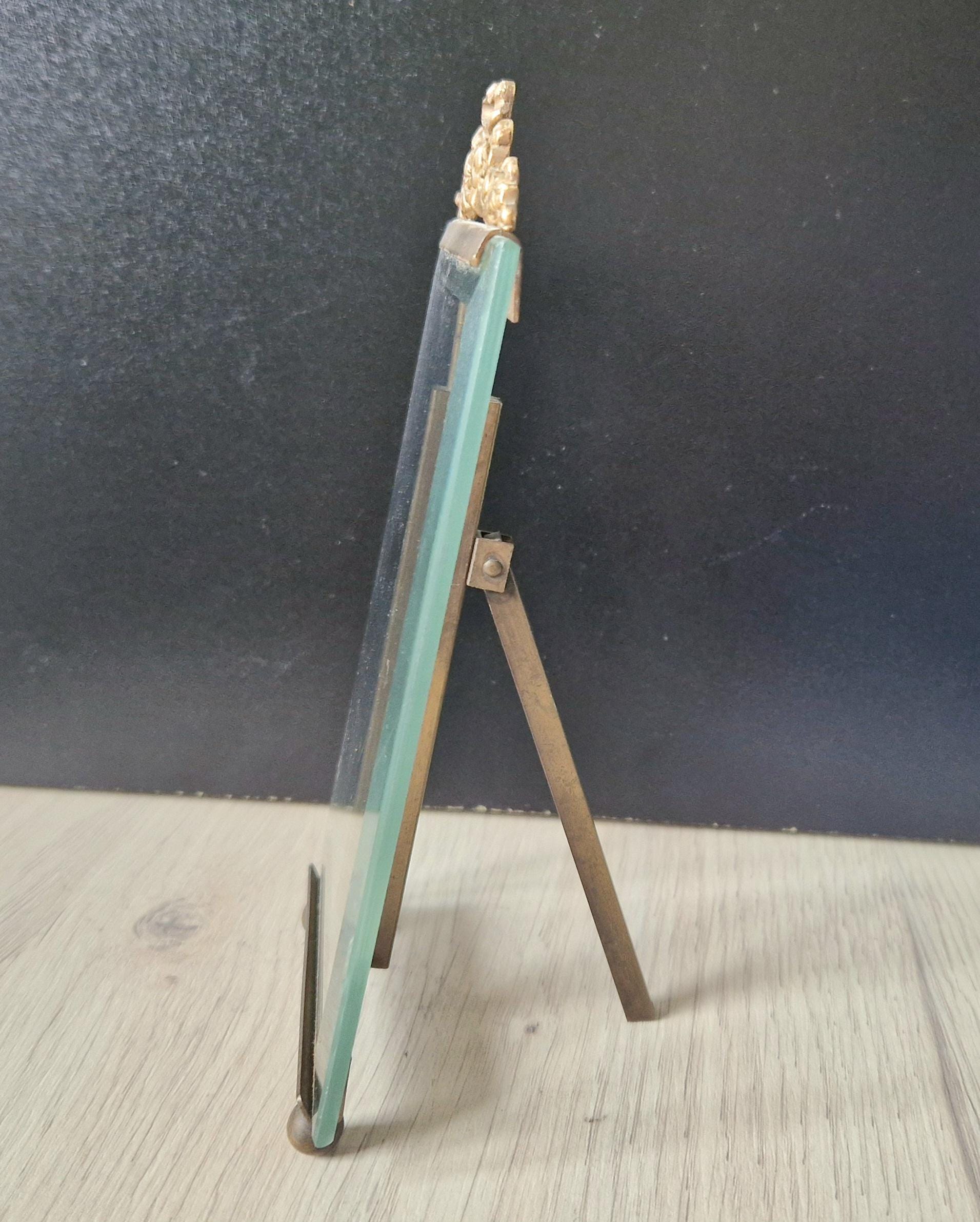 2 x Vintage Small Rectangular Ornate Brass & Bevelled Glass Photo/Display Stands