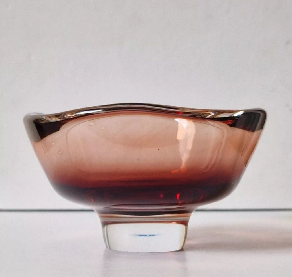 Sven Palmqvist for Orrefors Glass Bowl Red Fade Cased Glass 1950's Footed Dish Rare
