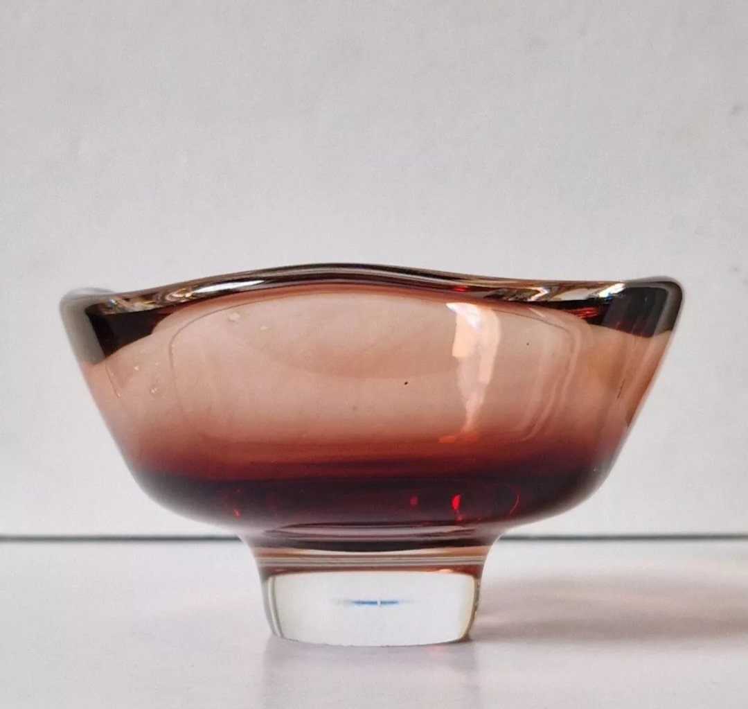 Sven Palmqvist for Orrefors Glass Bowl Red Fade Cased Glass 1950's Footed Dish Rare