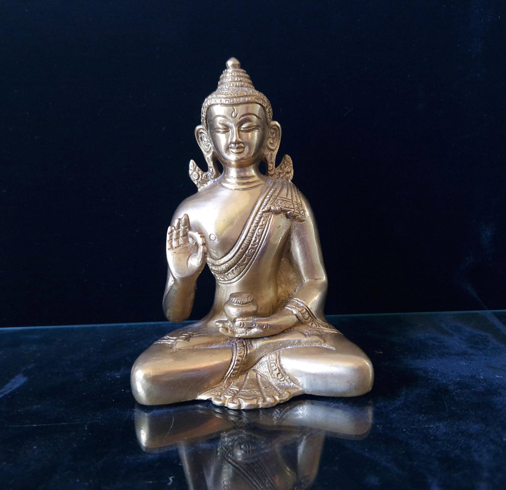 Vintage Heavy Cast Brass Seated Meditating Buddha Figure Vitarka Mudra Pose 6 inches