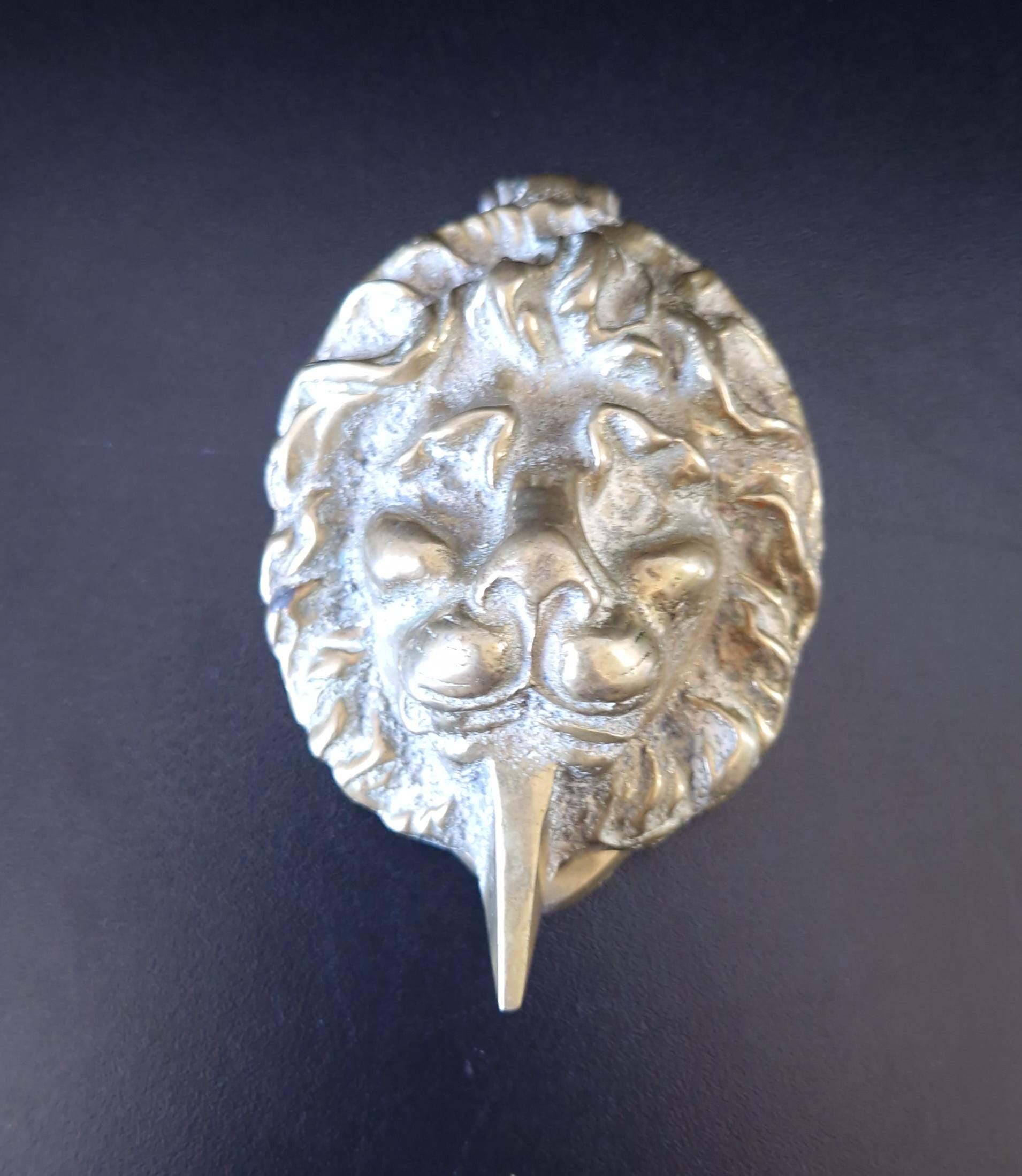 Vintage Heavy Cast Brass Small Lion Head Door Knocker 10cm