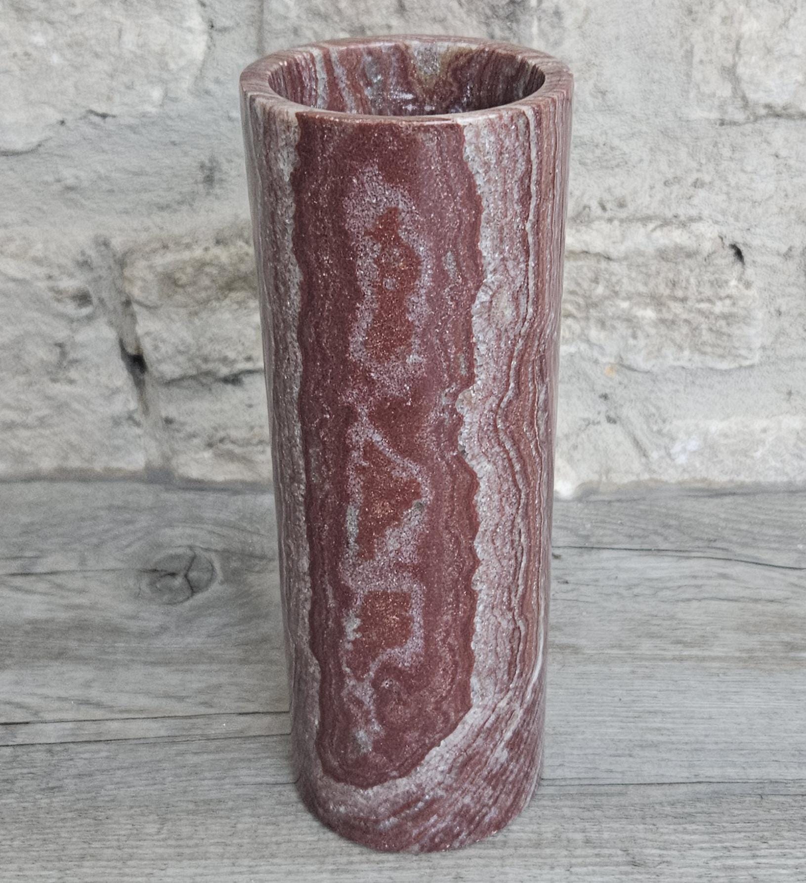Vintage Red Onyx Marble Vase Cylinder Shape 19.5cm Tall