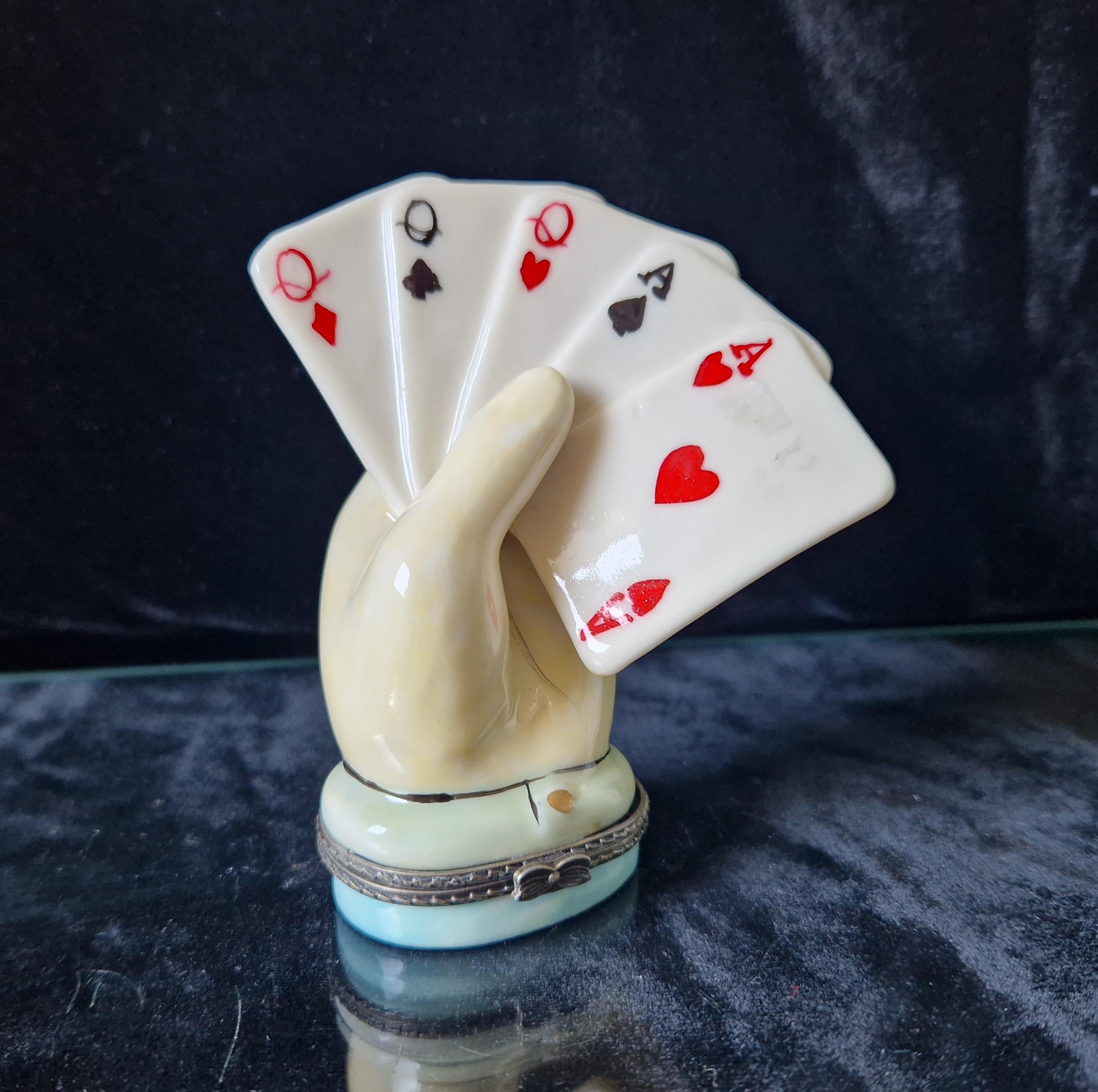 Vintage Rare Limoges Ceramic Poker Hand Full House Card Trinket Pill Box Casino