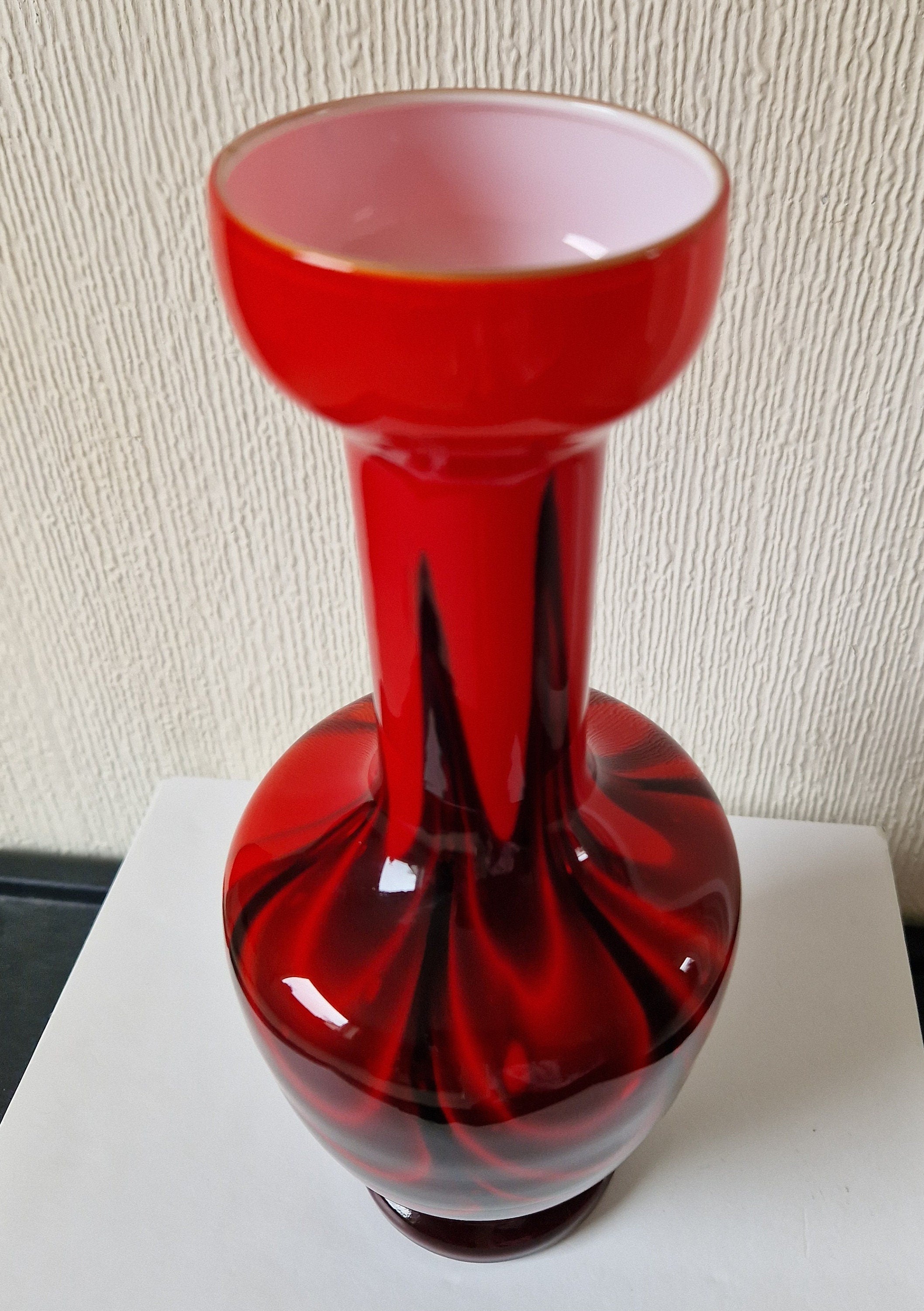 Vintage Striking Carlo Moretti Red & Black Opaline Glass Vase  Mid-Century Florence