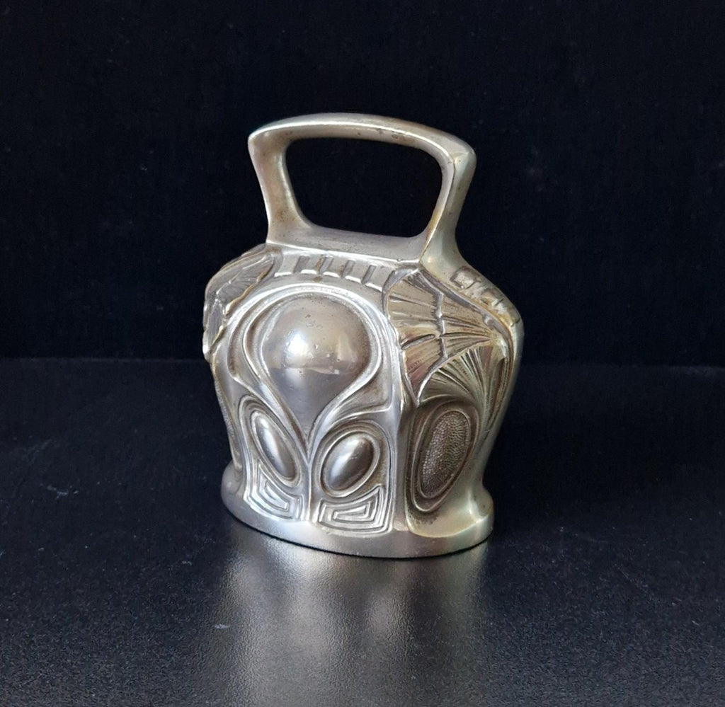 Antique Art Nouveau Silvered Bronze Large Ornate Decorated Table Bell