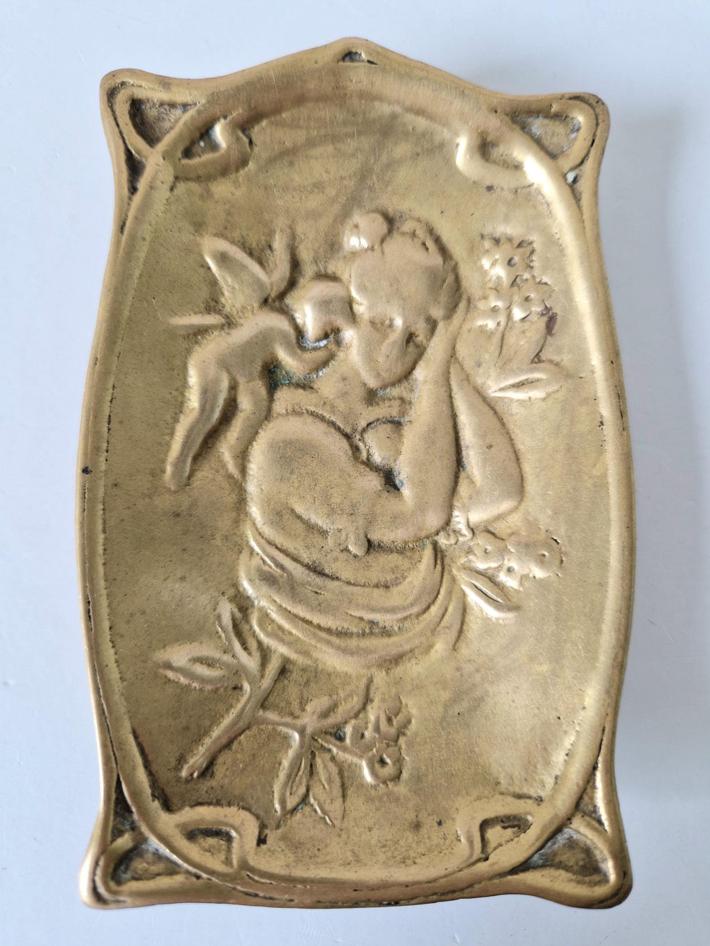 Antique Art Nouveau Jugendstil Heavy Cast Brass Sleeping Lady & Putti Pin Dish