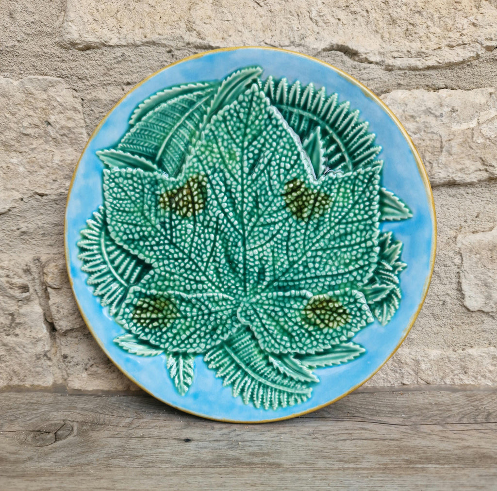 Art Nouveau Majolica Pottery Plate With Leaf & Fern Design Light Blue Ground Double "J" Mark 22cm