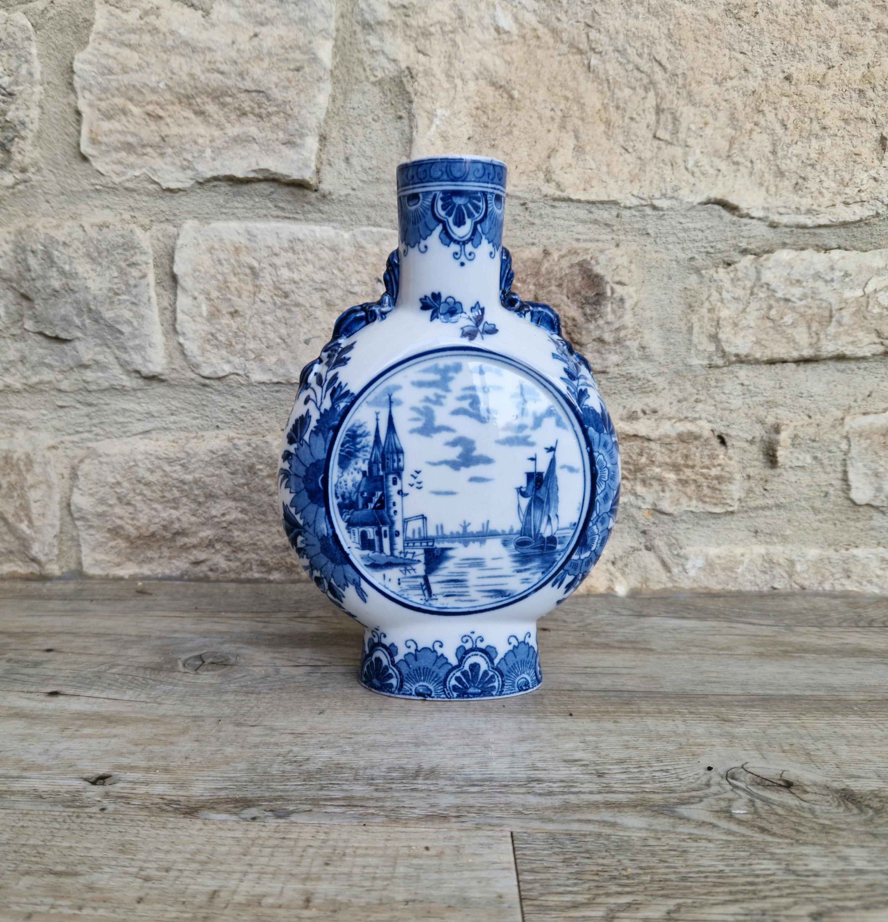 Vintage Dutch Delft Pottery Blue & White Moon Flask Vase River Scene 23cm