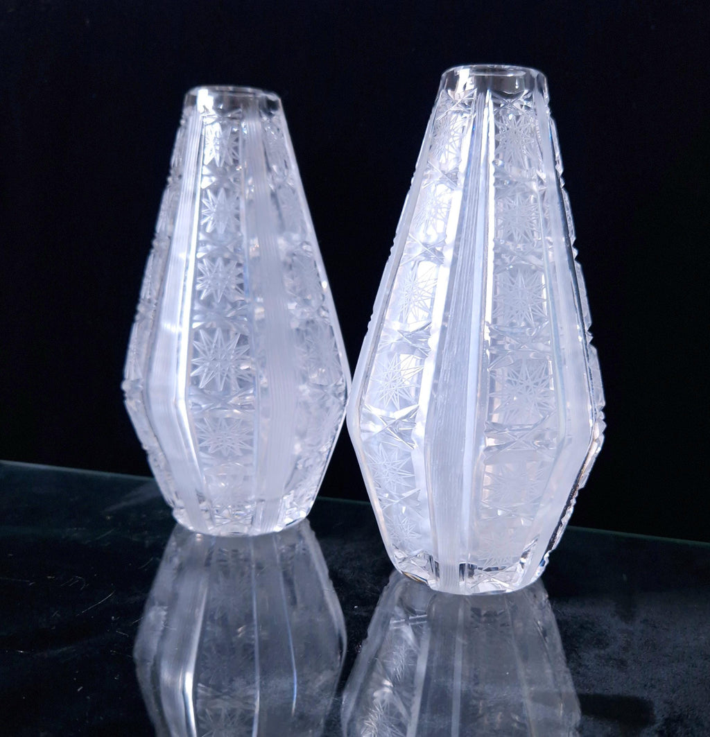 Antique Bohemian Crystal Vases: Queen Anne Lace Cut, Pair