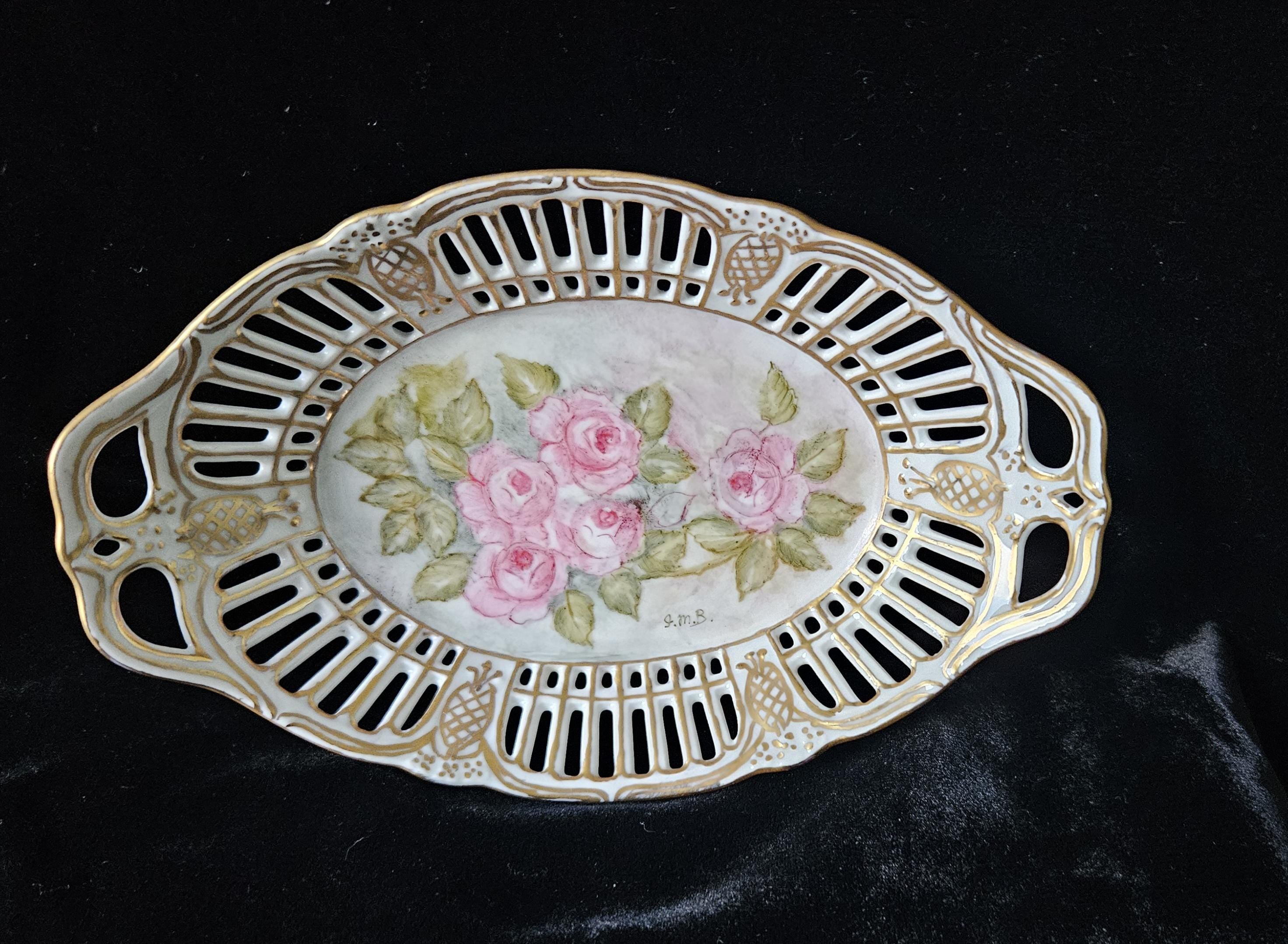 German Porcelain Lattice Dish Handpainted Roses Trinket Dish Vintage