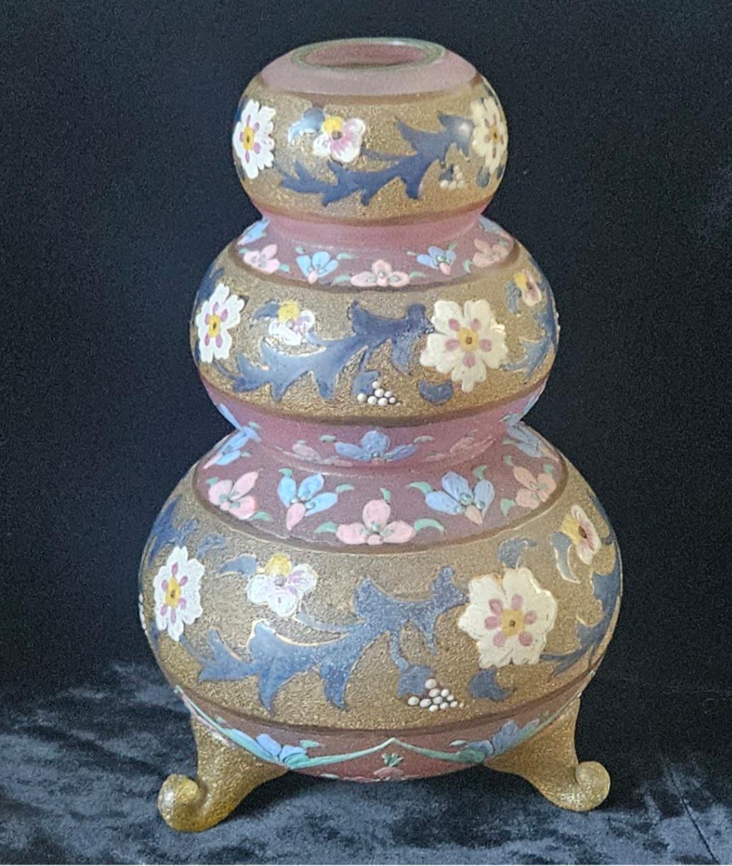 Antique Bohemian Glass Vase Pale Pink with Enamel Floral Design Flowers Rare 22cm Tall 1kg 35grams