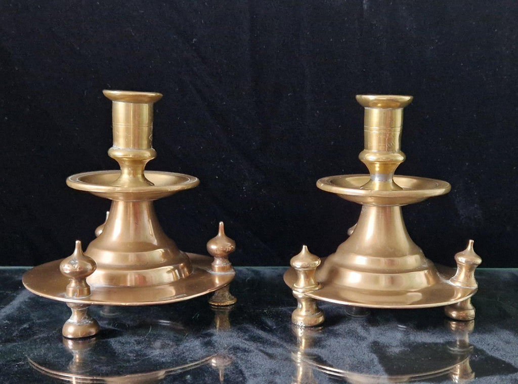Pair of 19th Century Judin Signed Czarist Era Russian Bronzed Sabbath Bun Footed Capstan Candle Holders.