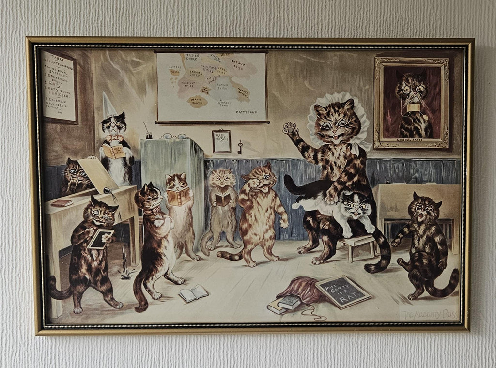 Original Vintage 1980s Lithograph Louis Wain "The Naughty Puss" Framed Picture 17" X 11.5"