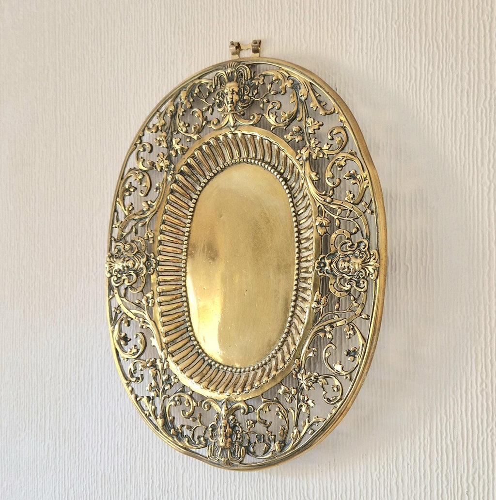 Antique Ornate Heavy Cast Brass Pierced Work Beaded & Ribbed Oval Baroque Card Platter Plate