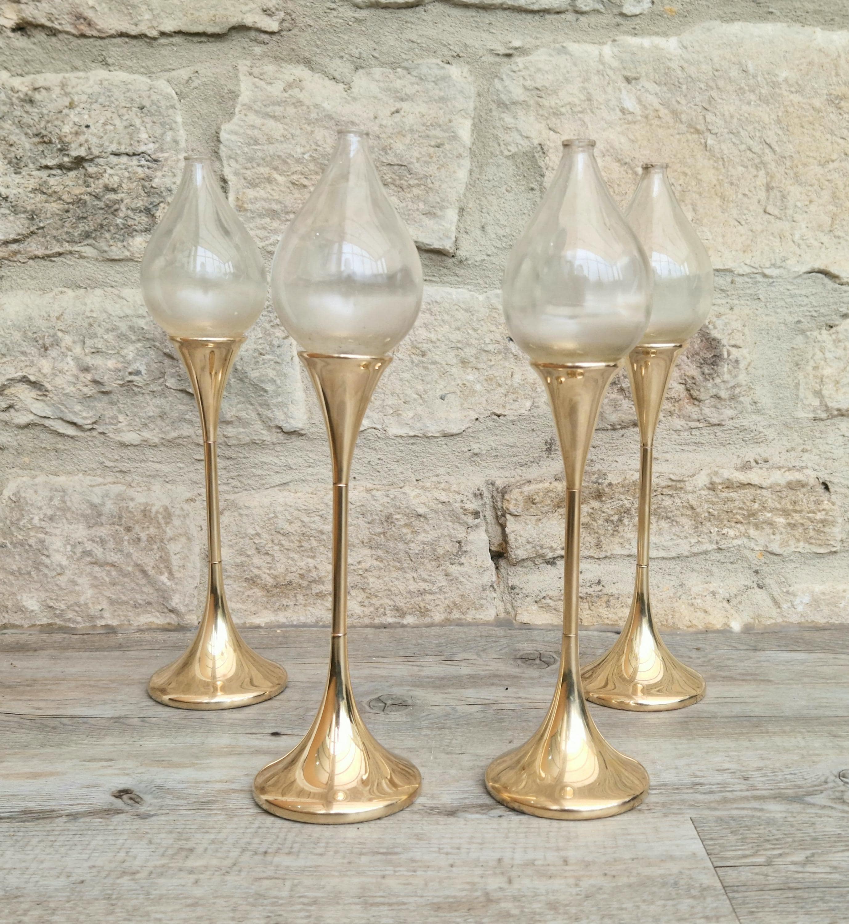 Vintage 4 x Large Brass Freddie Andersen Clear Drop Oil Lamps Germany 1970
