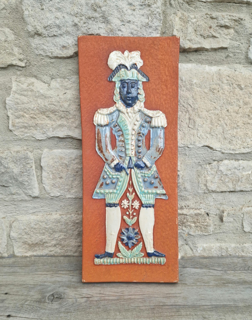 Mid-Century Art Wall Tile  Continental Figural Glazed Ceramic Large Plaque Vintage
