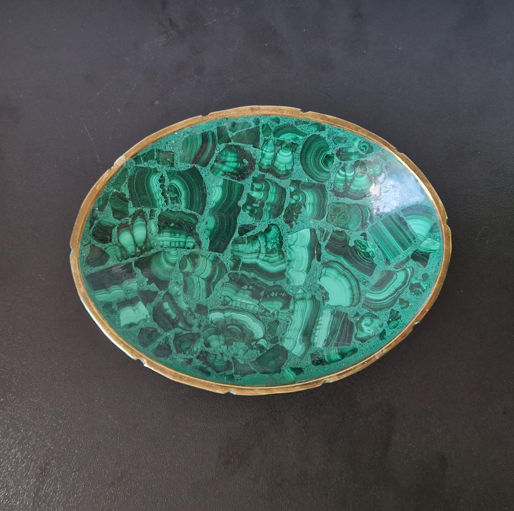 Fine Midcentury Malachite & Brass Oval Vide Poche Catch-All Decorative Bowl