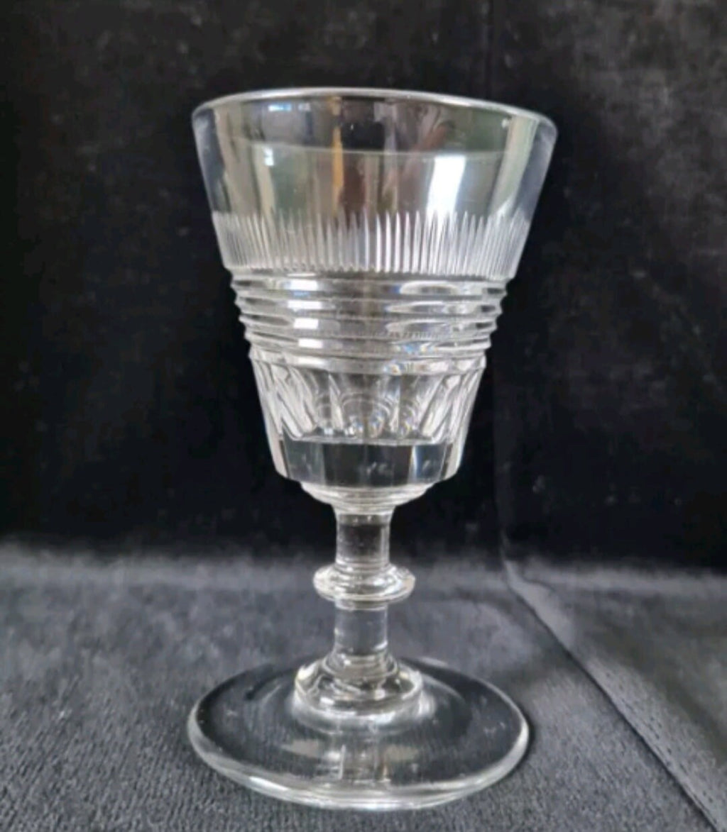 Early 19th C. Wine Glass Slice Blaze & Prism Cut Bowl Medial Blade Knop Stem