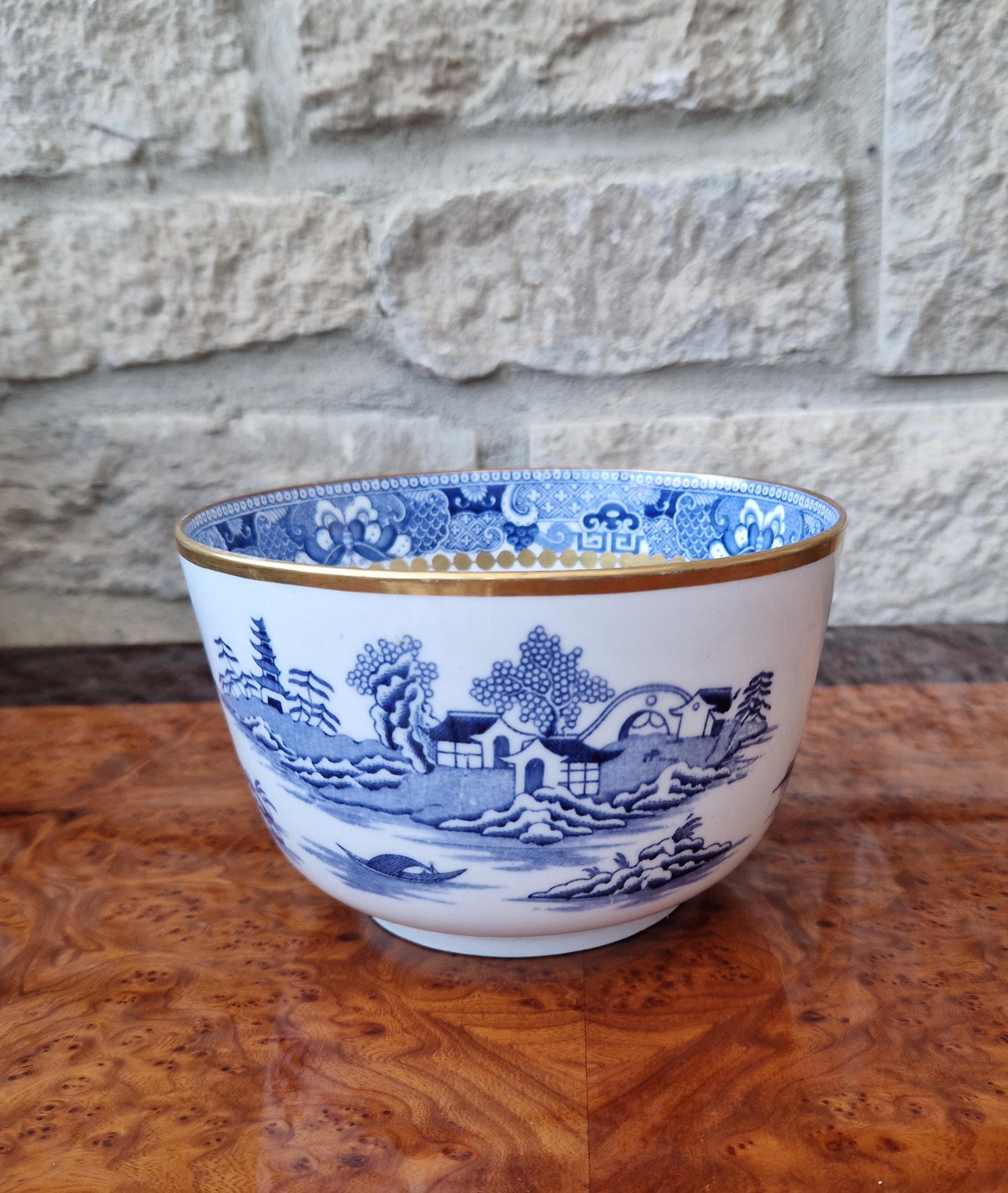 Davenport Longport England Blue & White Gilt Two Temples Porcelain Slop Bowl c.1870-1886