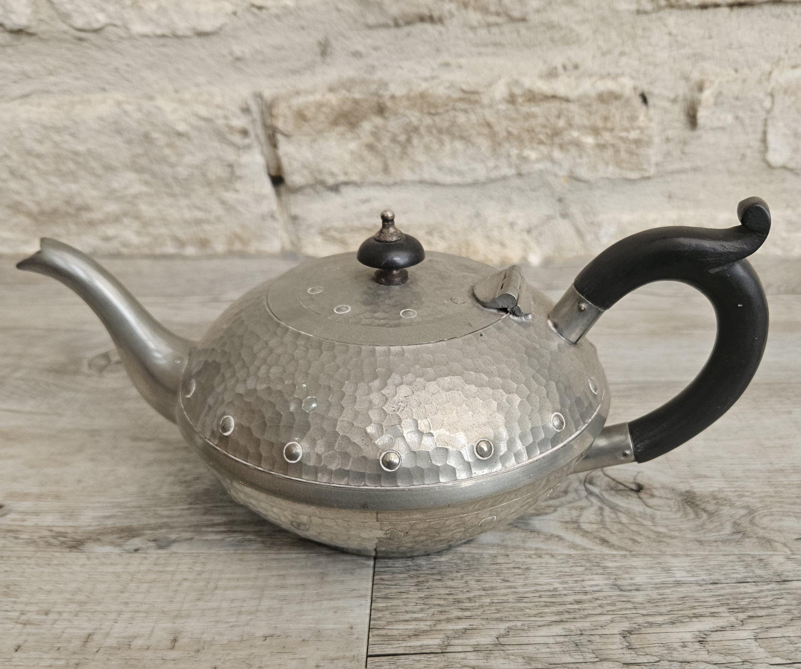 Vintage Arts and Crafts Hammered Pewter Teapot England Collectible British 1920s