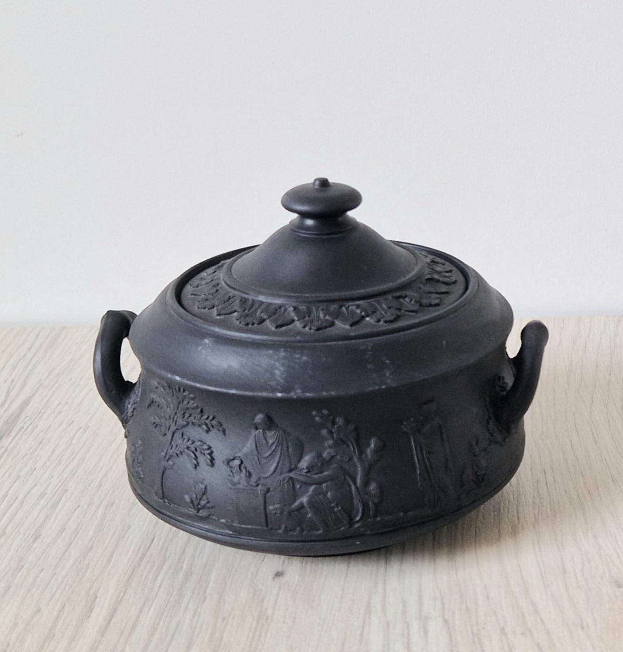 Vintage Black Basalt Wedgwood Neo-Classical Twin Handle Lidded Sugar Box