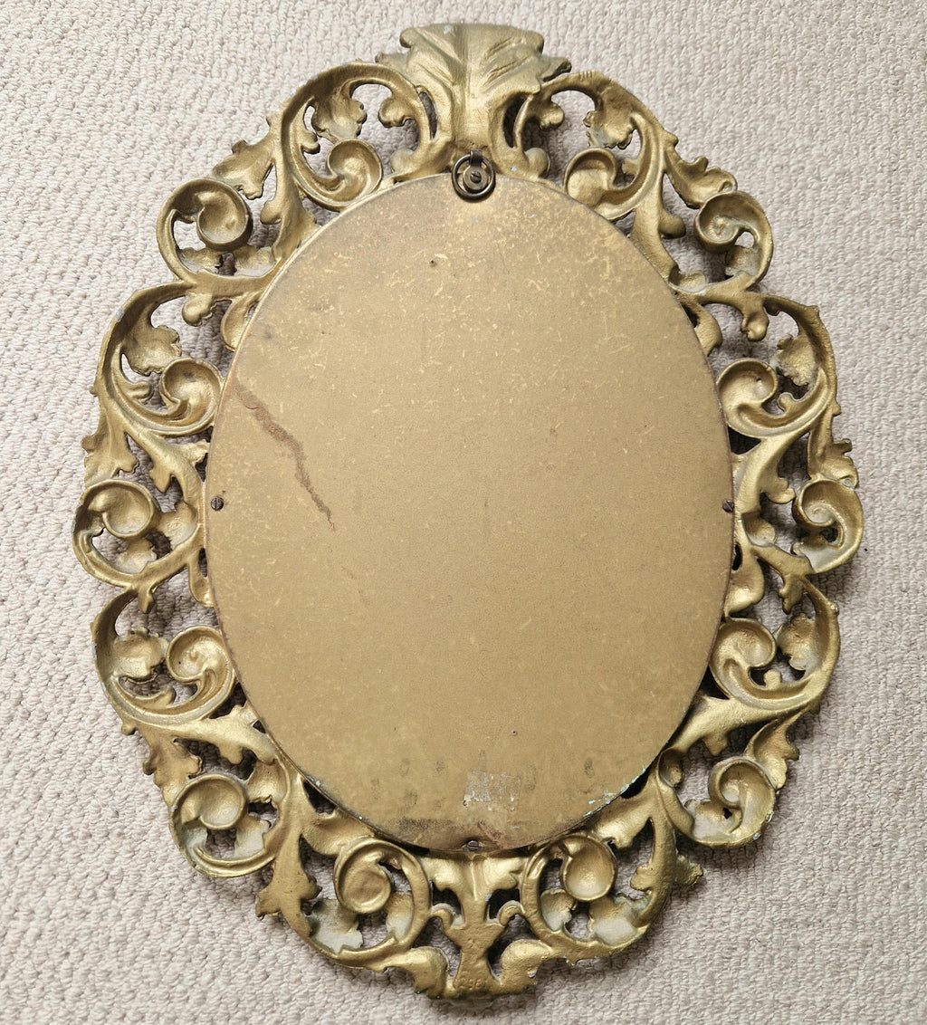 Vintage Heavy Gilt Cast Metal Ornate Rococo Oval Wall Mirror 47.5cm