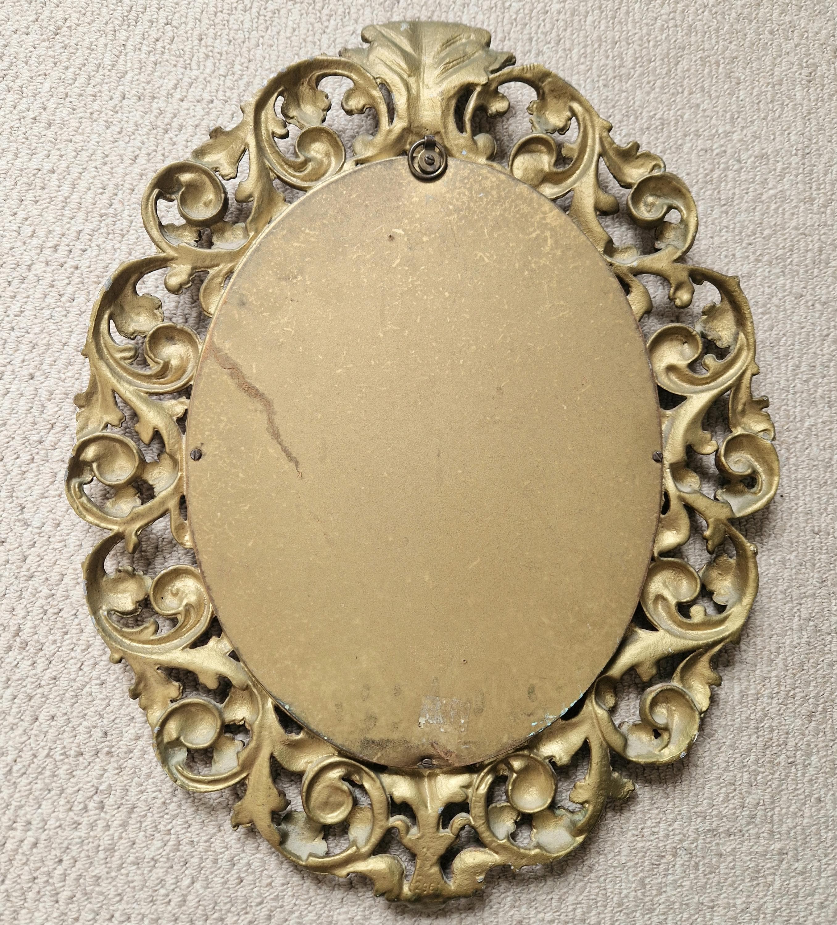 Vintage Heavy Gilt Cast Metal Ornate Rococo Oval Wall Mirror 47.5cm