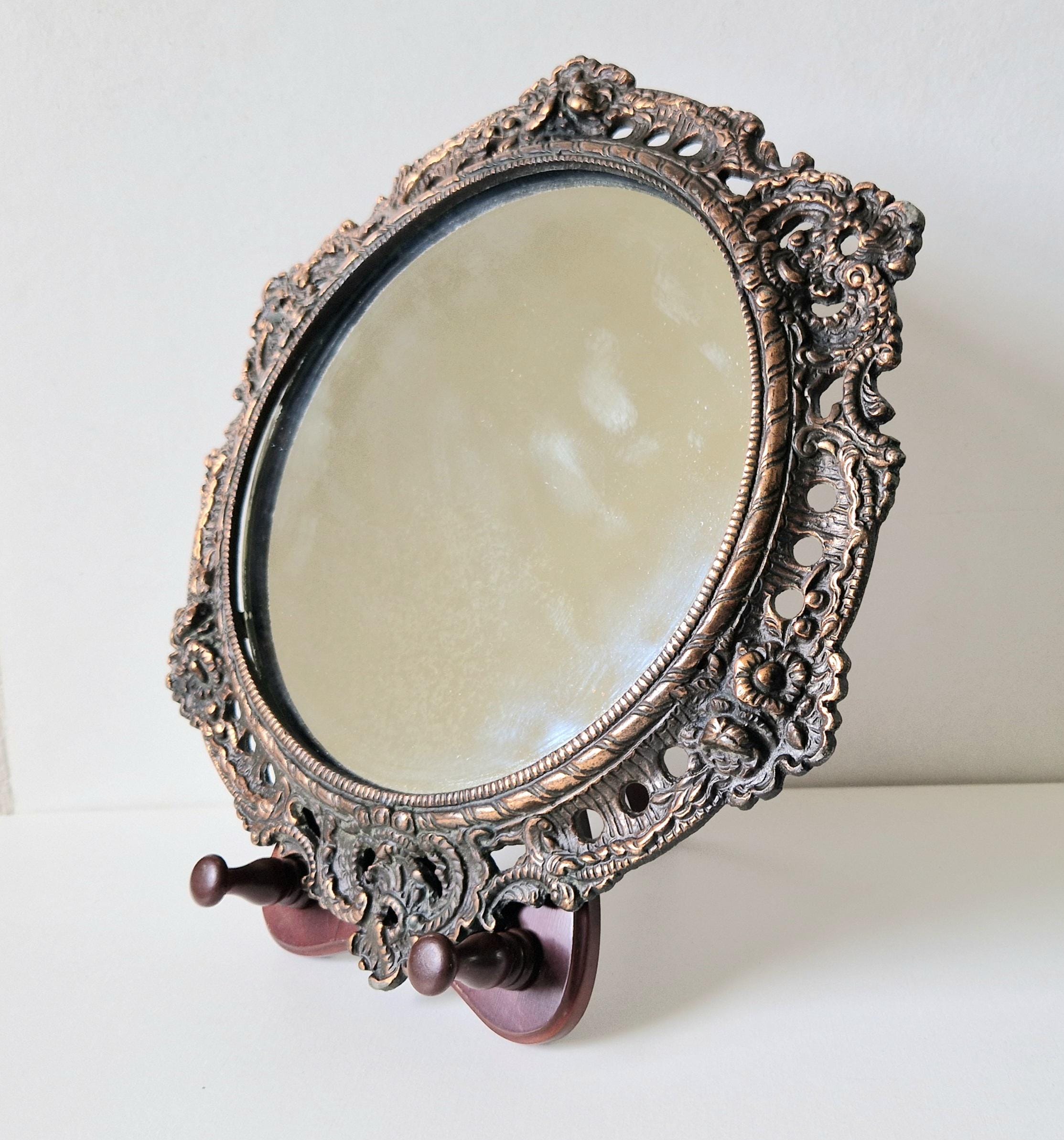 Antique Art Nouveau Heavy Cast Copper Metal Ornate Floral Rococo Round Wall Mirror 31cm
