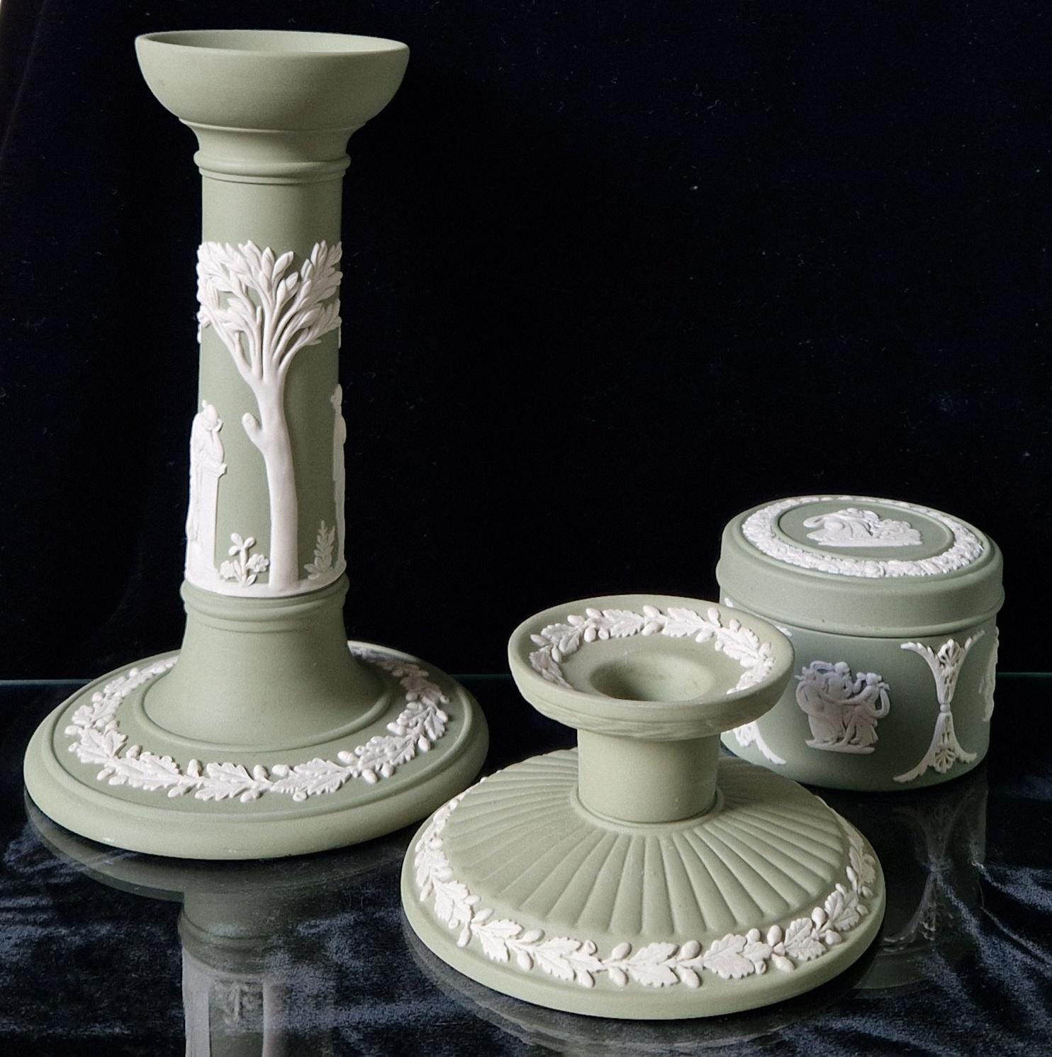Vintage Wedgwood Sage Green Jasperware Neo Classical Candlestick Trinket Jar Set.