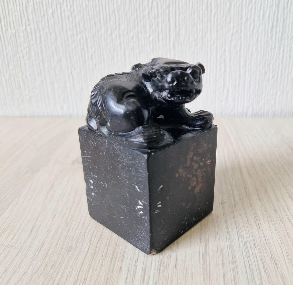 Antique Carved Black Hardstone Foo Dog Chinese Chop Block Seal 8.5cm