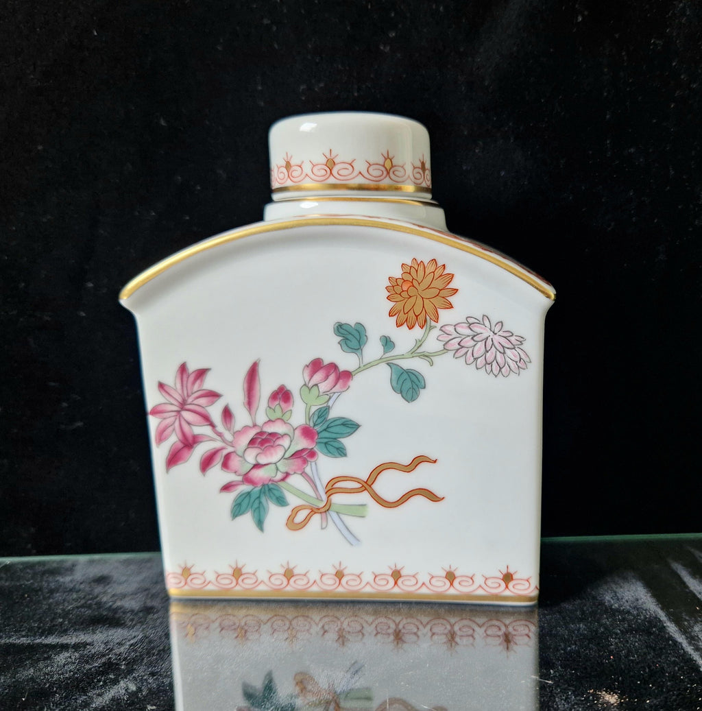Vintage Vista Alegre Ceramic Tea Caddy Lidded Jar Floral Pattern With Gold Detail