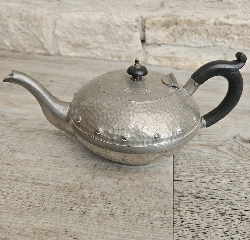 Vintage Arts and Crafts Hammered Pewter Teapot England Collectible British 1920s