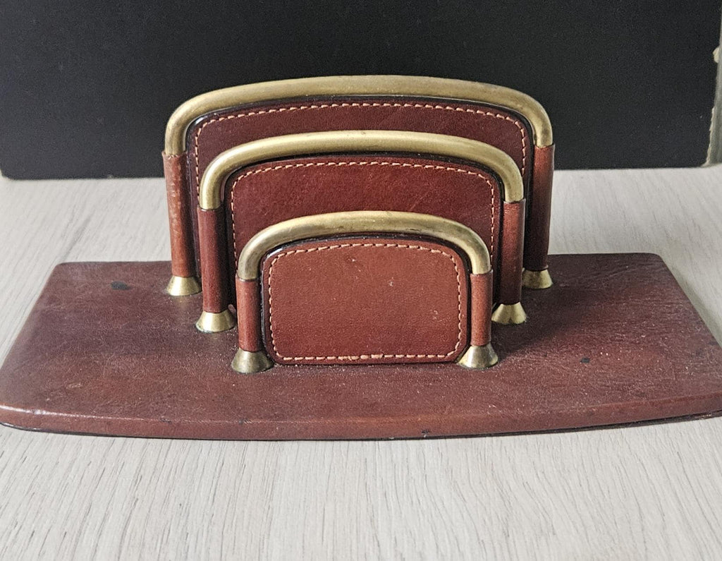 Vintage TONY PEROTTI Italian Leather Letter Rack Chestnut Brown Leather *Some Marks