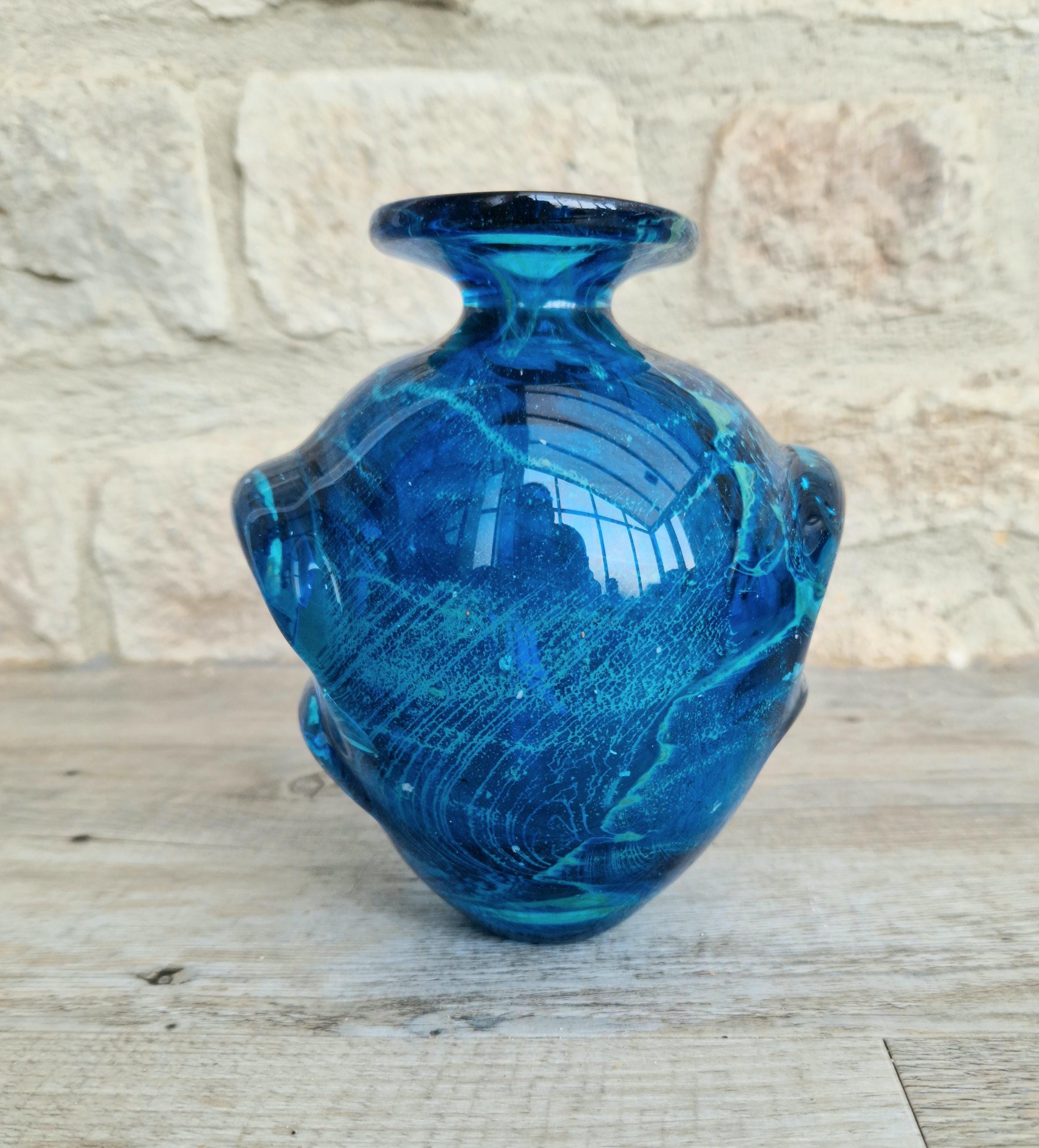 Vintage 1970s Blue Art Glass Vase Turquoise Sea Sand 15cm Tall Mdina Malta Ornate Art Glass Vase 1.308 Grams