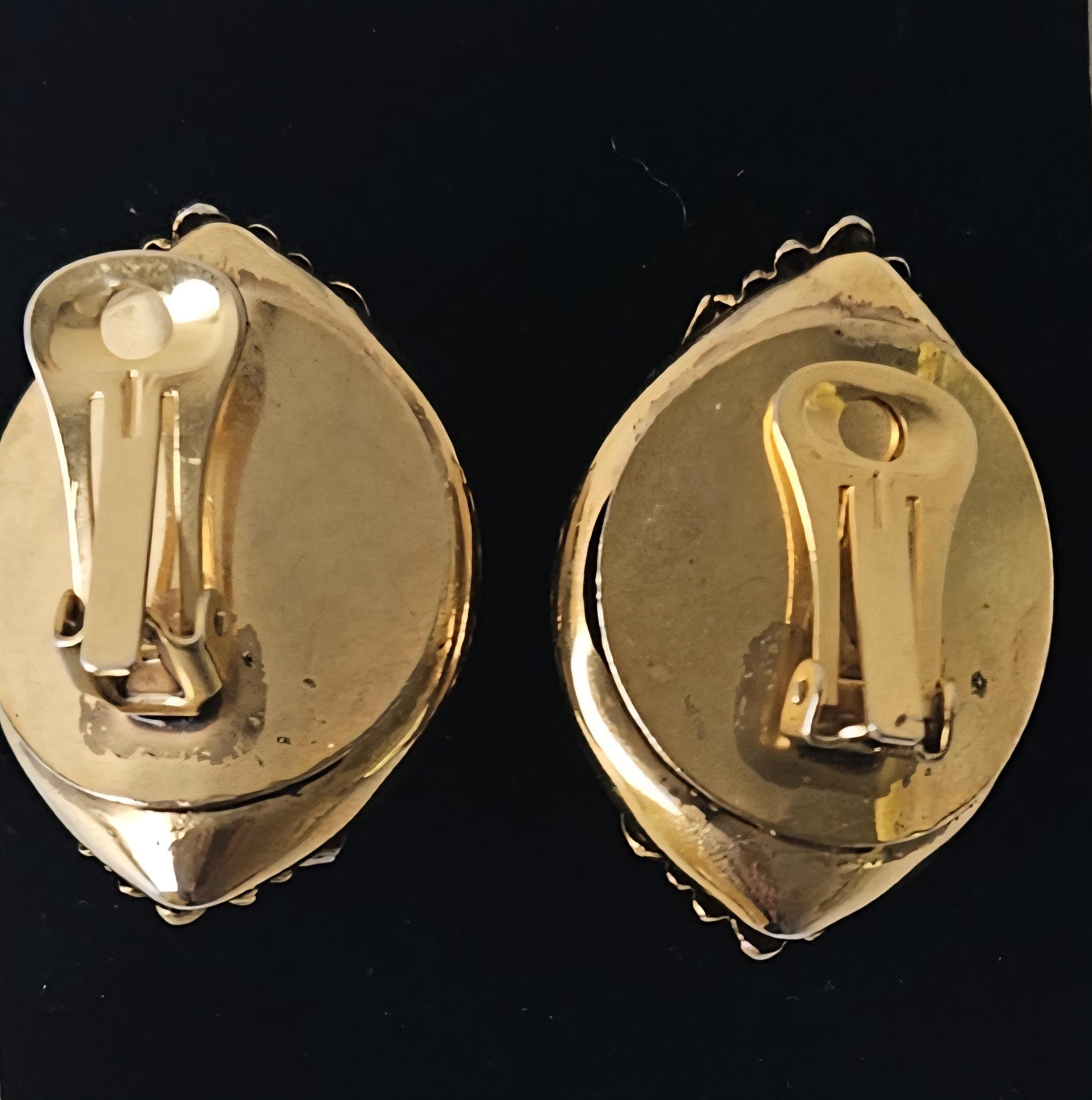1980s Black Cabochon Clip-On Earrings: Gold Tone Statement Jewelry