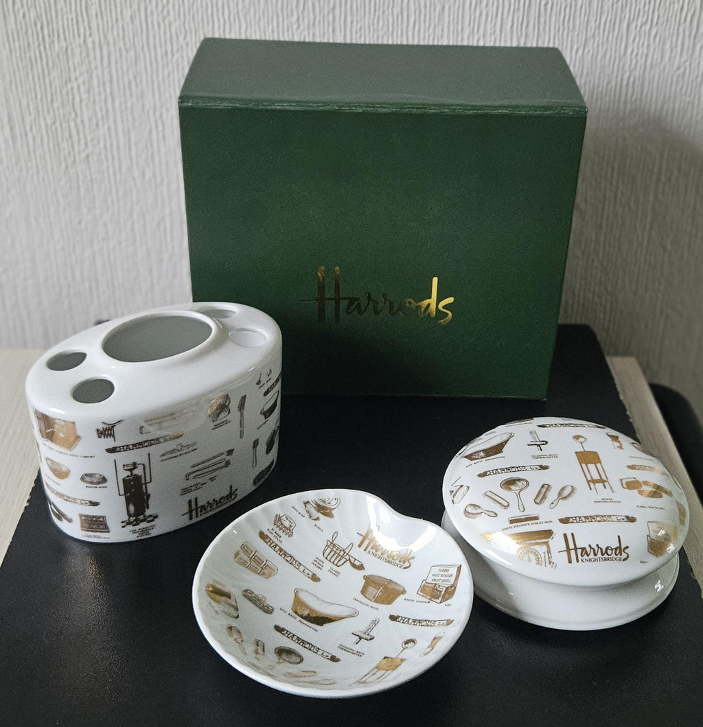 Harrods London Ceramic Bathroom Set Toothbrush Holder, Trinket Dish and Lidded Pot Boxed