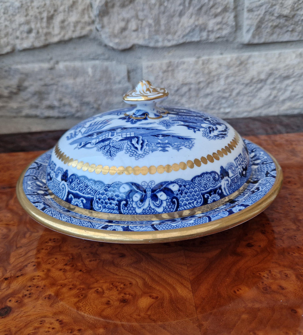 Davenport Blue & White Gilt Muffin Dish, England c.1870-1886
